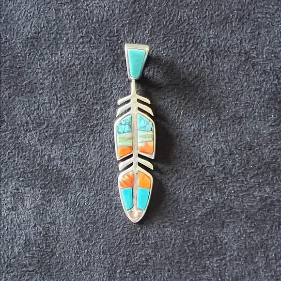 Navajo Native American Vintage feather Sterling Silver Lazuli turquoise pendant - Picture 7 of 7